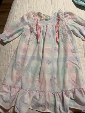Vintage 80s 90s Baby Dress 6M Lace Ribbon Pastel Plaid Made USA